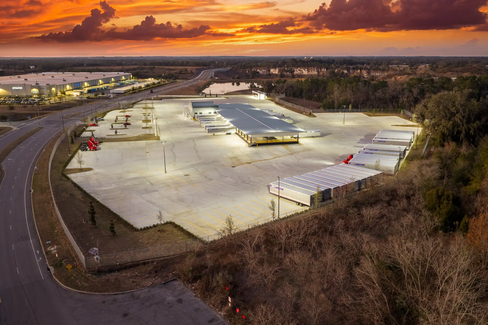 Twilight drone photo of the completed Averitt freight service center construction project near I-75 in Ocala FL