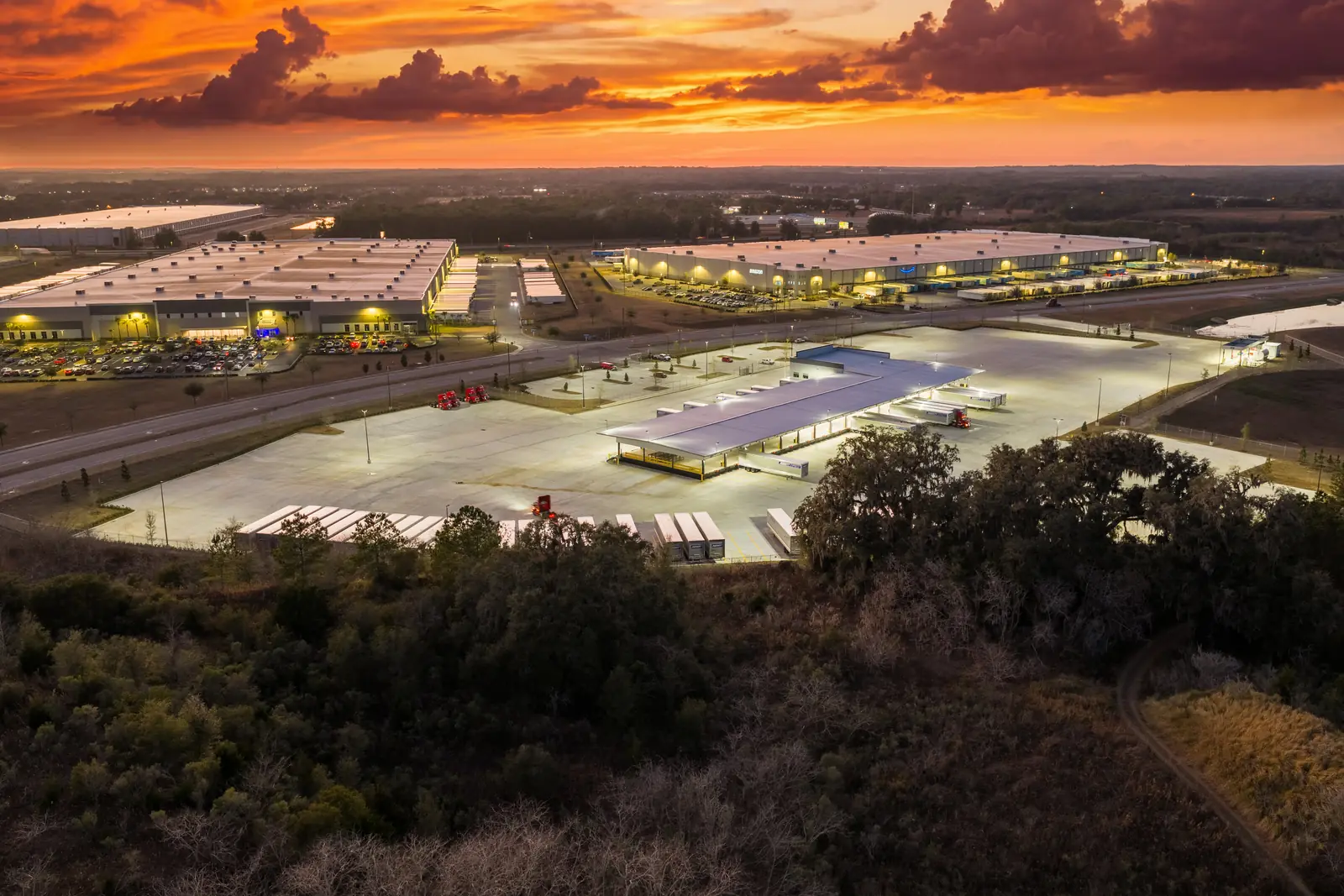 Aerial twilight view of the new Averitt service center building and freight yard, Ocala FL