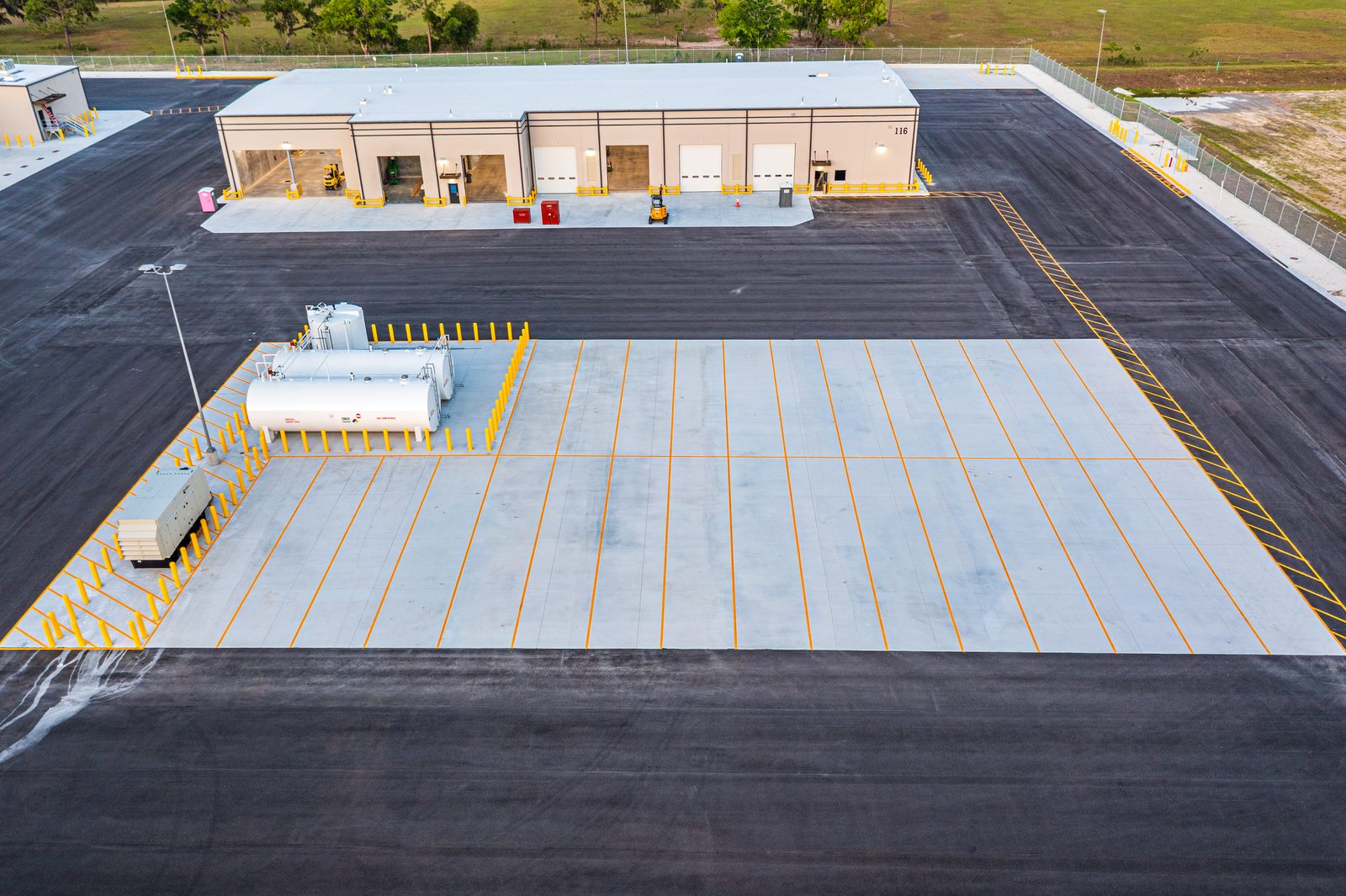 Twilight drone photography Old Dominion Wildwood warehouse — I-75 logistics corridor Sumter County FL