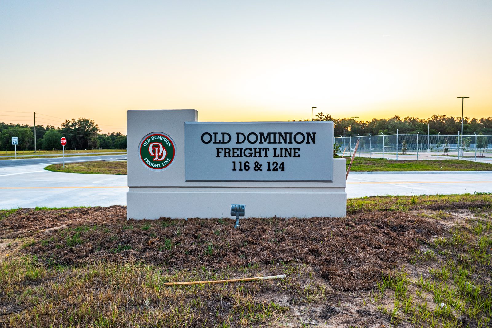 Aerial twilight view Old Dominion cross-dock terminal Wildwood FL — completed facility exterior