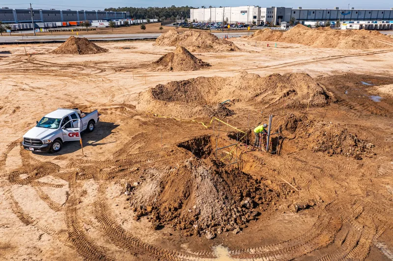 Aerial drone photo of the Averitt Express construction site in Ocala, FL — dock area and truck court development, visit 10, January 2026