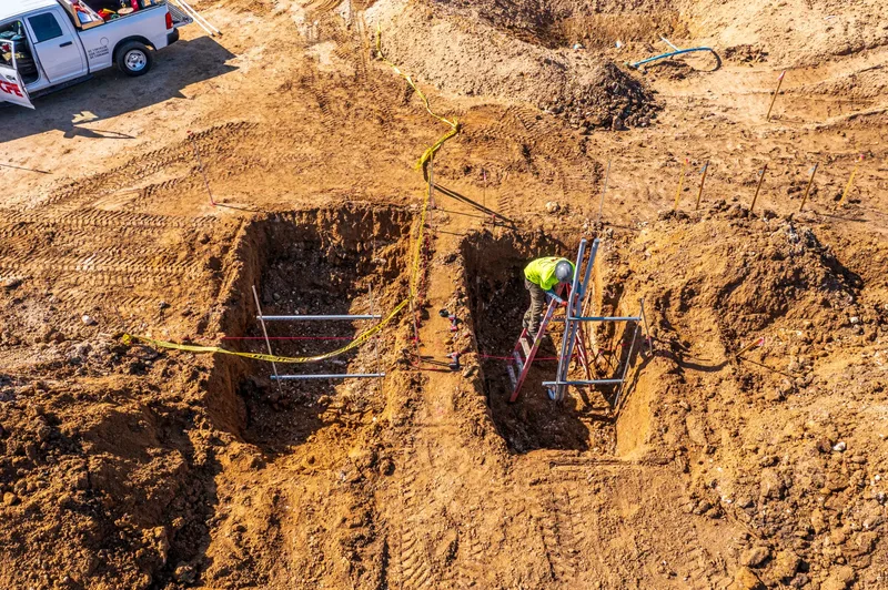 Aerial drone photo of the Averitt Express Ocala construction site — full site overview with building and parking, visit 10, January 2026