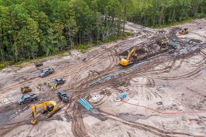 Aerial drone photo of a construction site in St. Augustine, FL — rooftop and parking lot progress