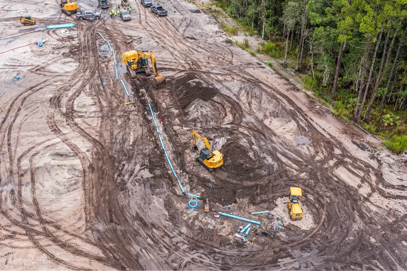 Aerial drone photo of a construction site in St. Augustine, FL — completed building and finished site