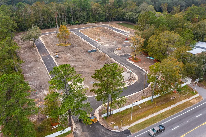 Aerial drone photo of Sunny Pines RV Park in Jacksonville, FL — RV sites and landscaping