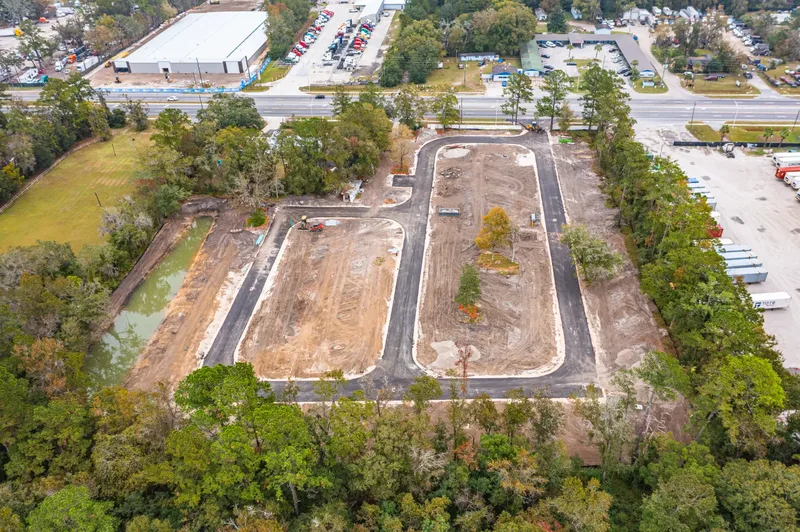 Aerial drone photo of Sunny Pines RV Park in Jacksonville, FL — park layout and surrounding area