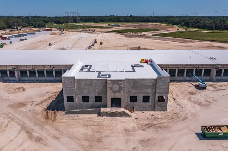 Aerial drone photo of the Old Dominion Freight Line Wildwood terminal — foundation and early structural work, visit 17, May 2024