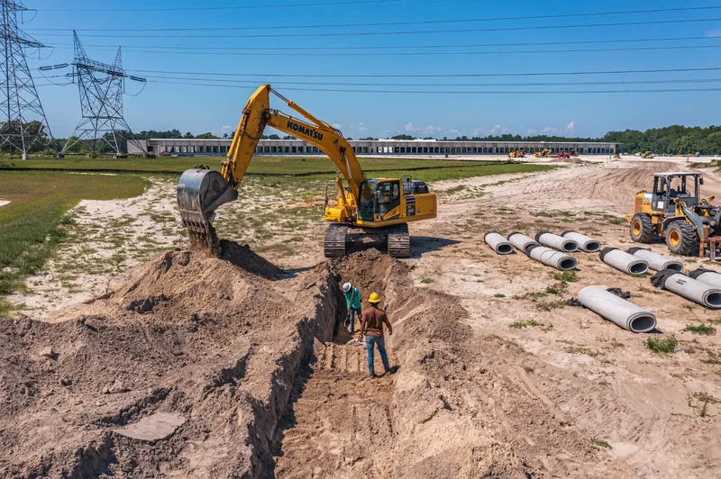 Aerial drone photo of the Old Dominion Freight Line Wildwood terminal — engineered fill and drainage work, visit 17, May 2024